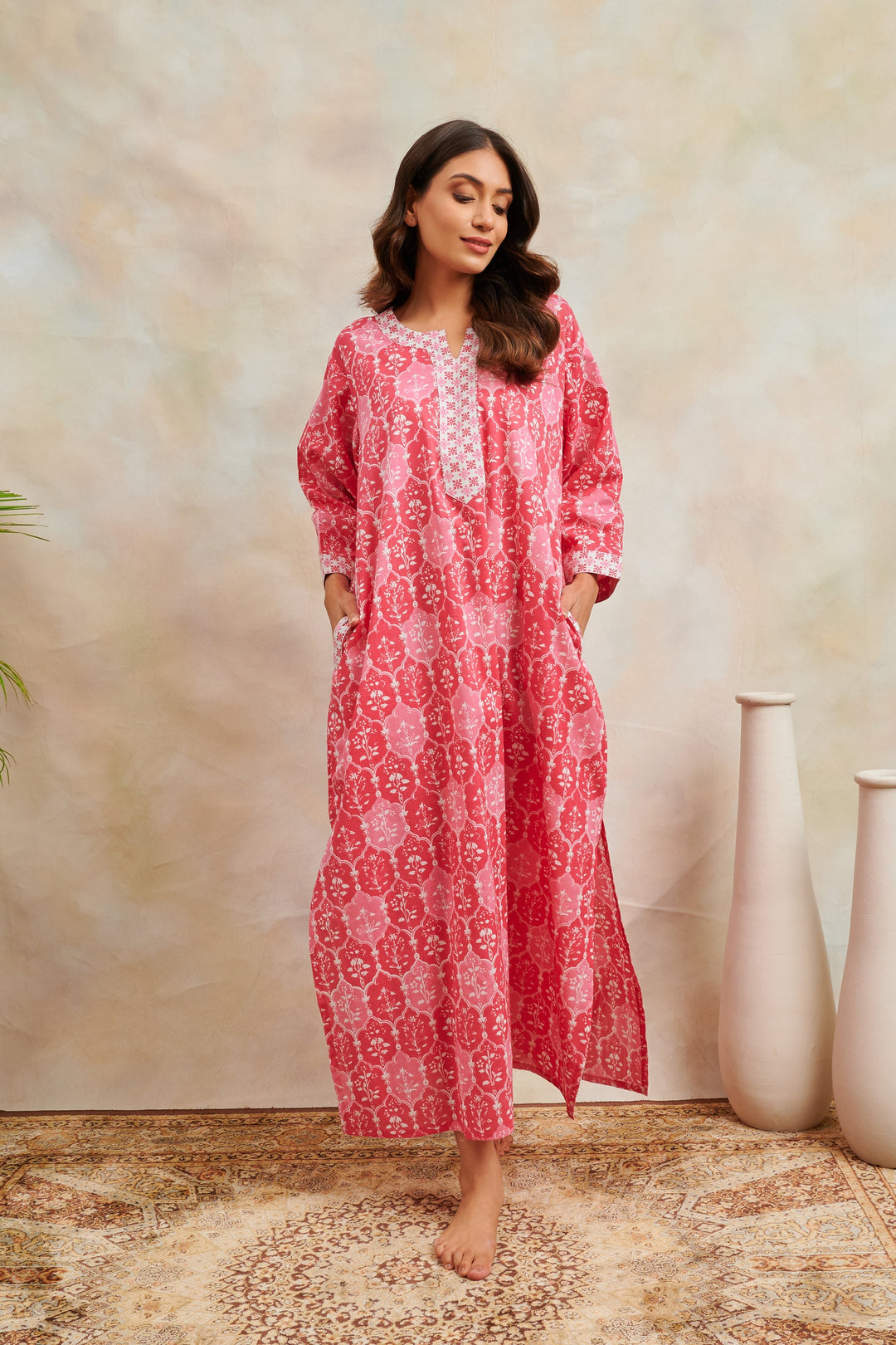 Pink-Cotton-Floral-Printed-Kaftan