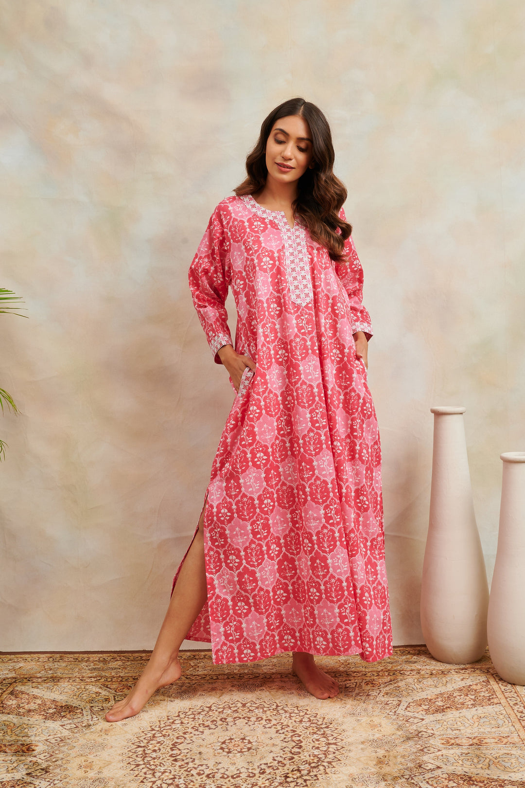 Pink-Cotton-Floral-Printed-Kaftan