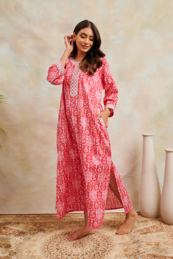 Pink-Cotton-Floral-Printed-Kaftan