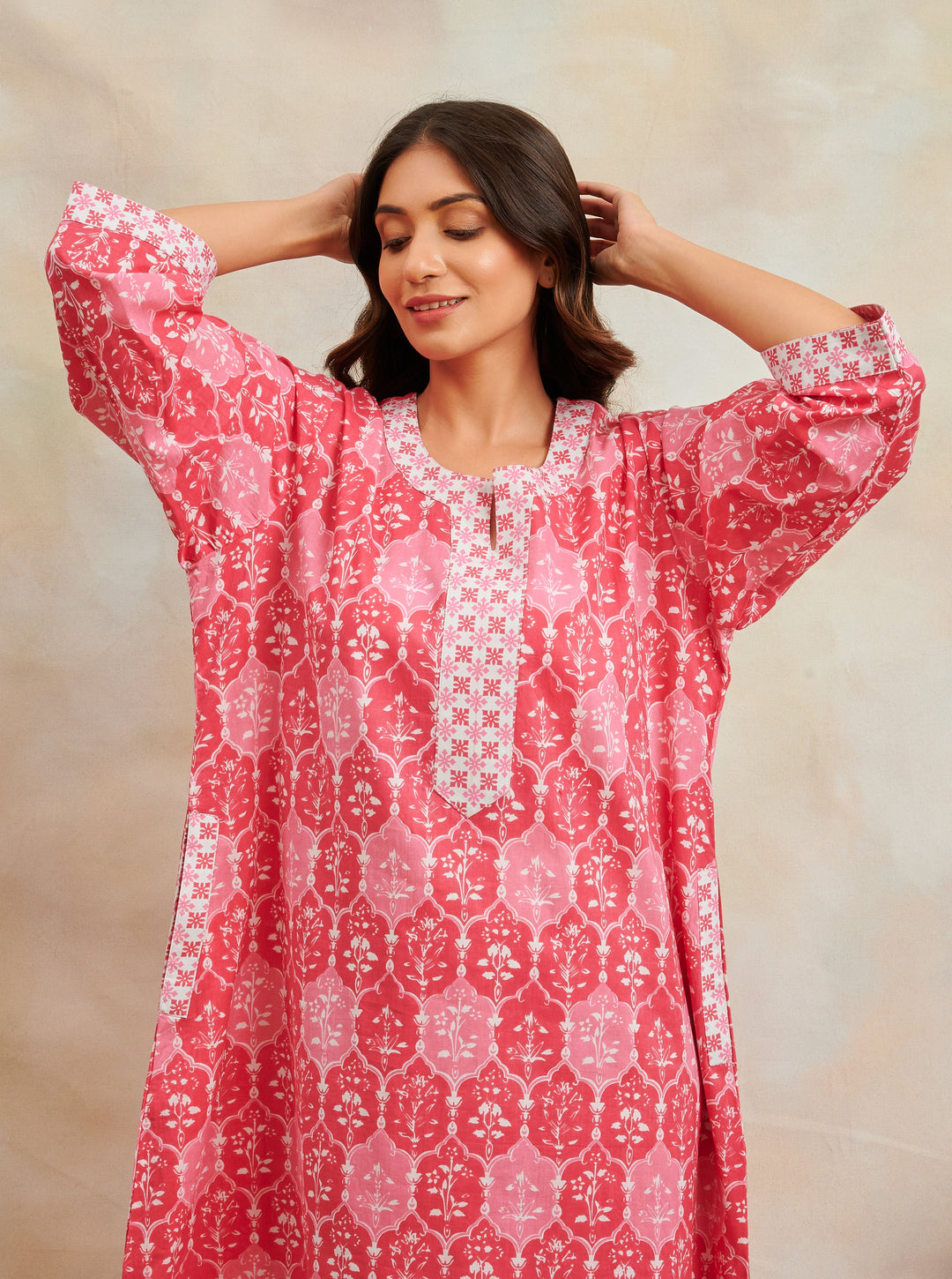 Pink-Cotton-Floral-Printed-Kaftan