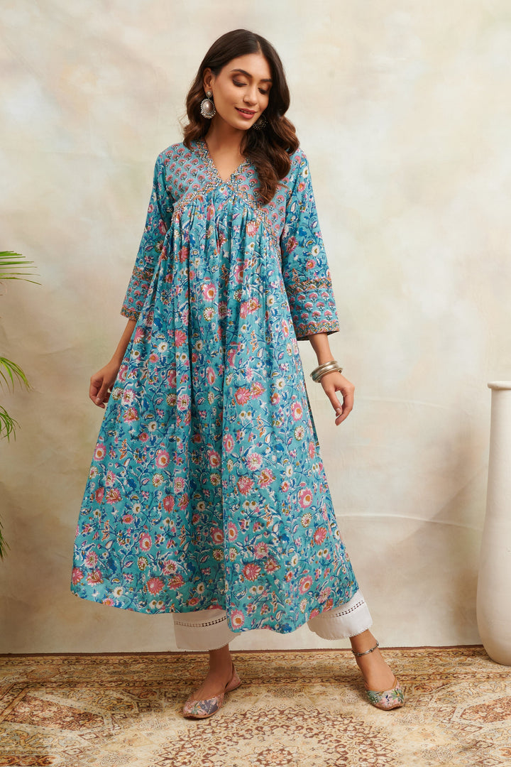 Teal-Blue-Cotton-Sanganeri-A-Line-Kurta