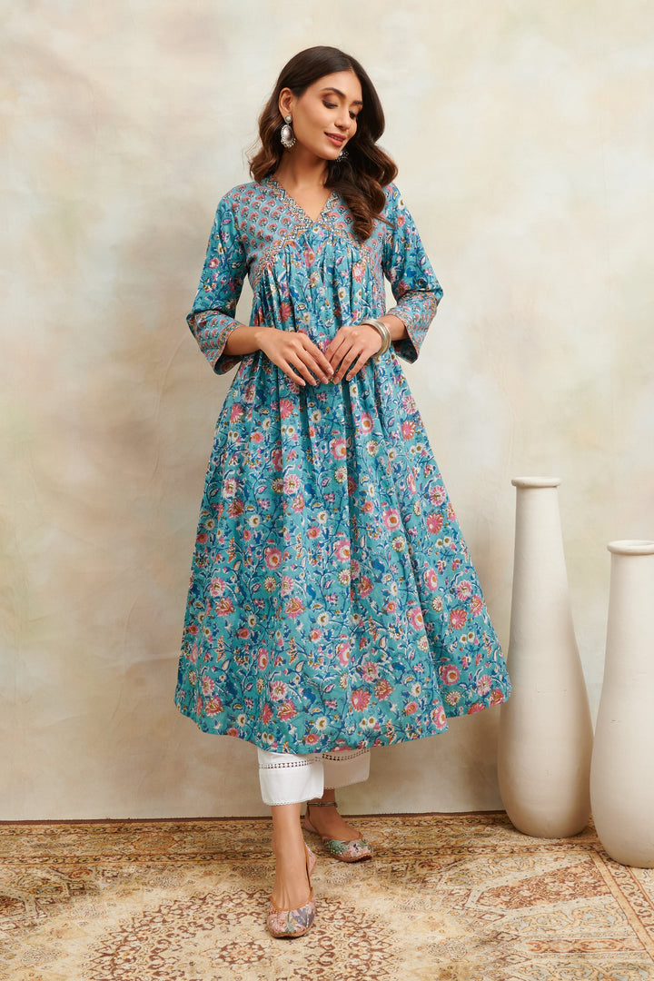 Teal-Blue-Cotton-Sanganeri-A-Line-Kurta