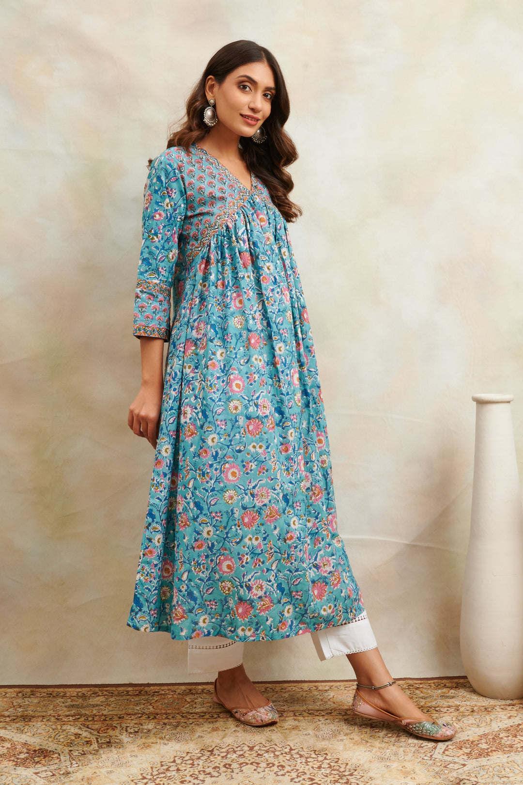 Teal-Blue-Cotton-Sanganeri-A-Line-Kurta