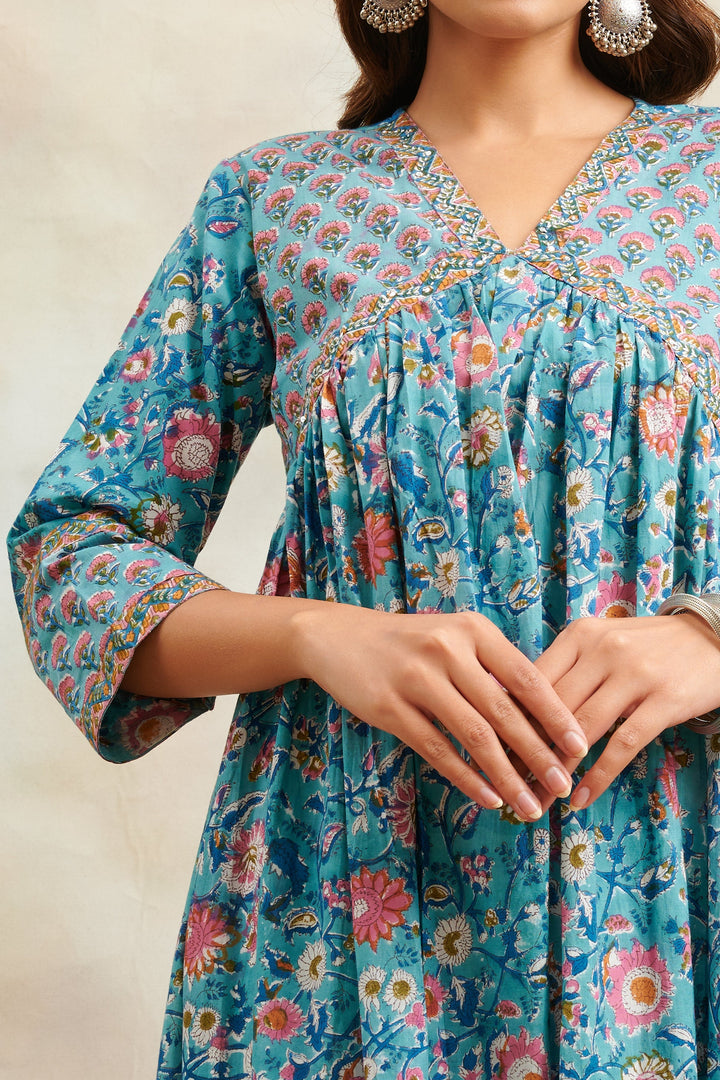 Teal-Blue-Cotton-Sanganeri-A-Line-Kurta