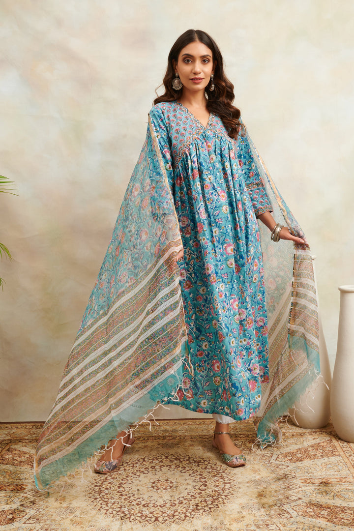 Teal-Blue-Cotton-Sanganeri-A-Line-Kurta