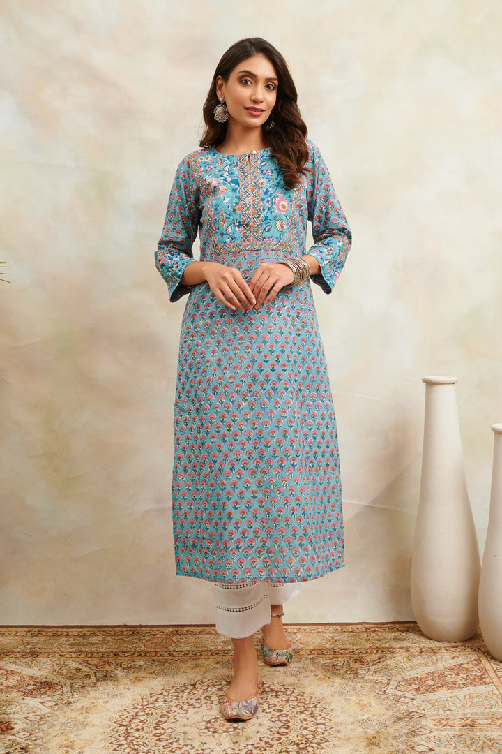 Teal-Blue-Cotton-Sanganeri-Straight-Kurta