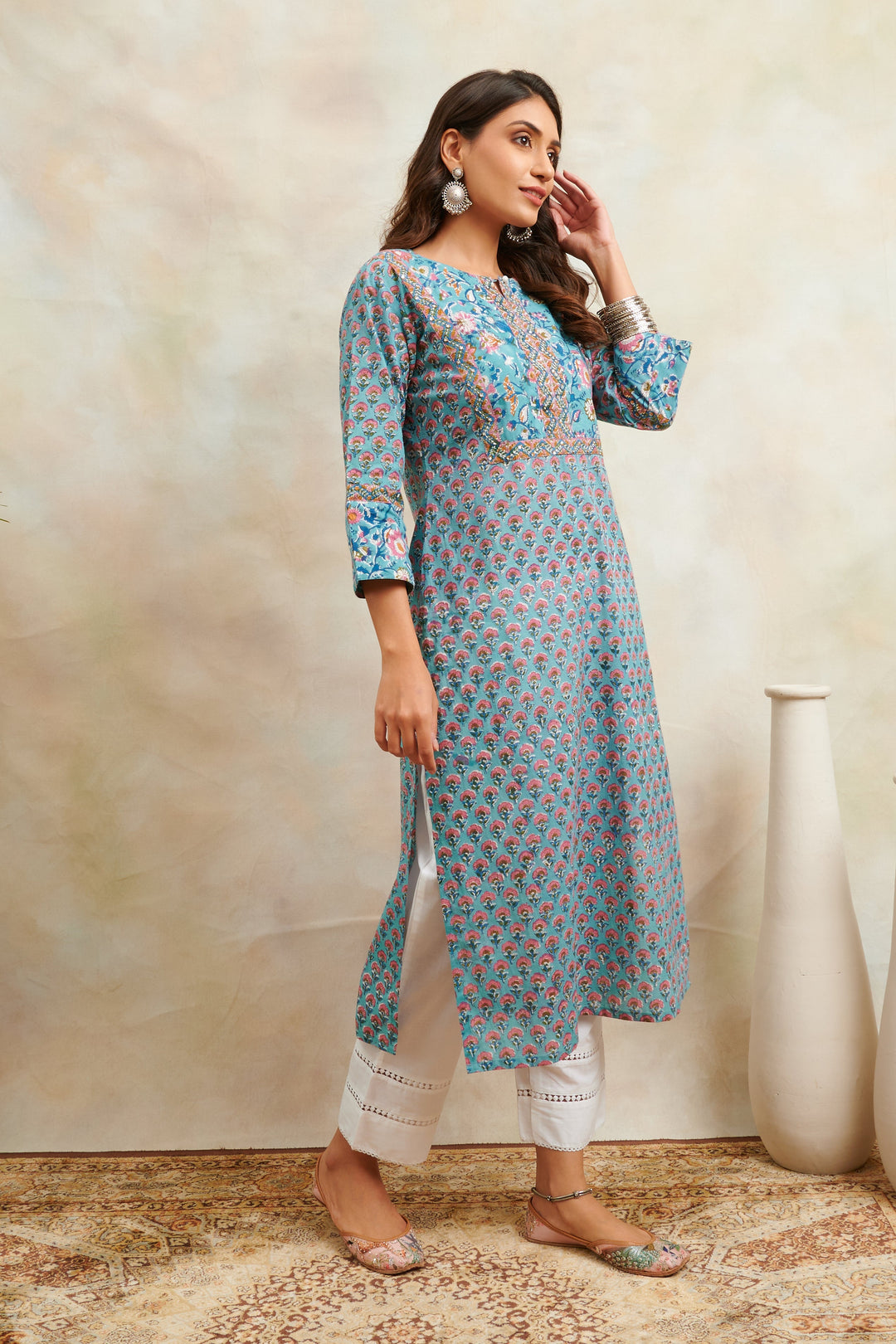 Teal-Blue-Cotton-Sanganeri-Straight-Kurta