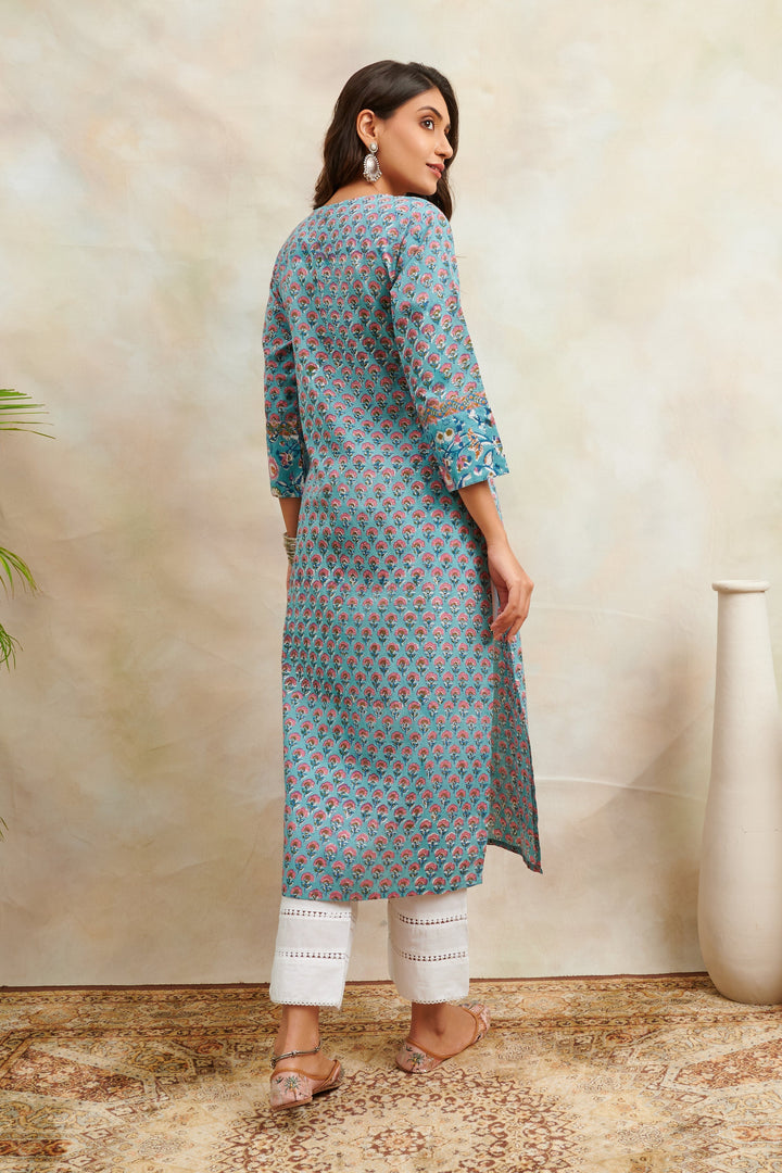 Teal-Blue-Cotton-Sanganeri-Straight-Kurta