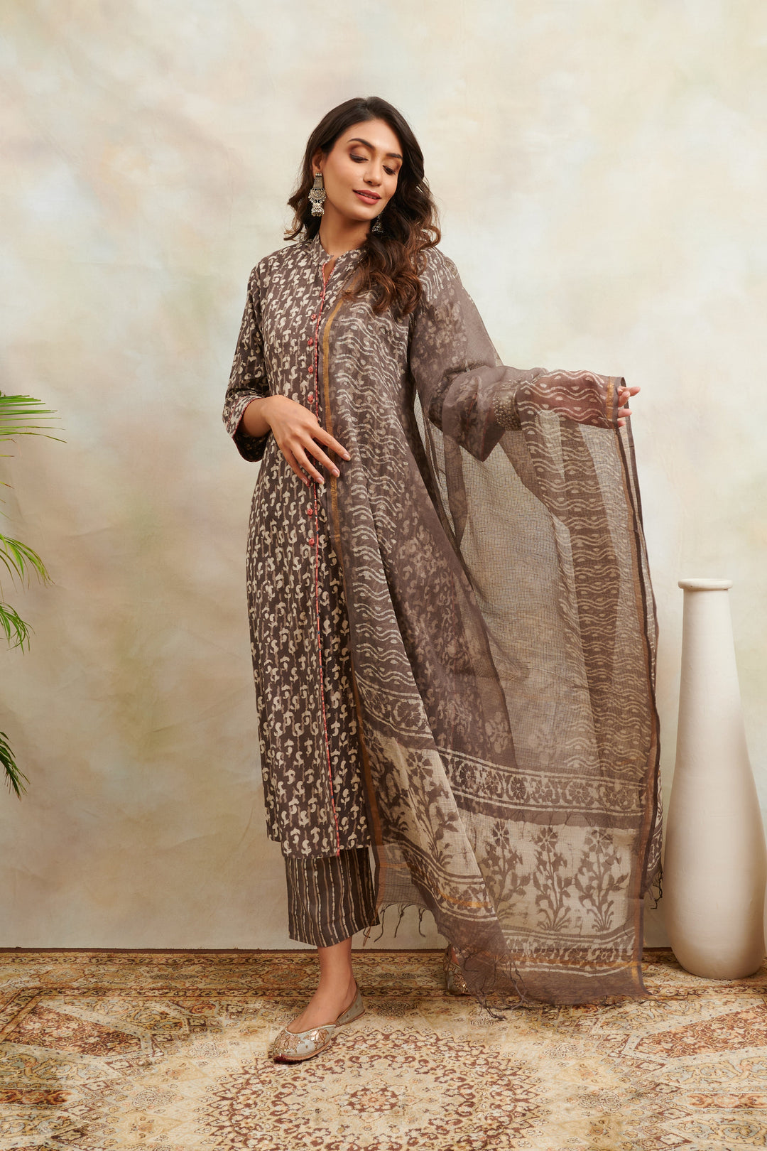 Brown-Cotton-Hand-Block-Bagru-Print-A-Line-Front-Open-Kurta