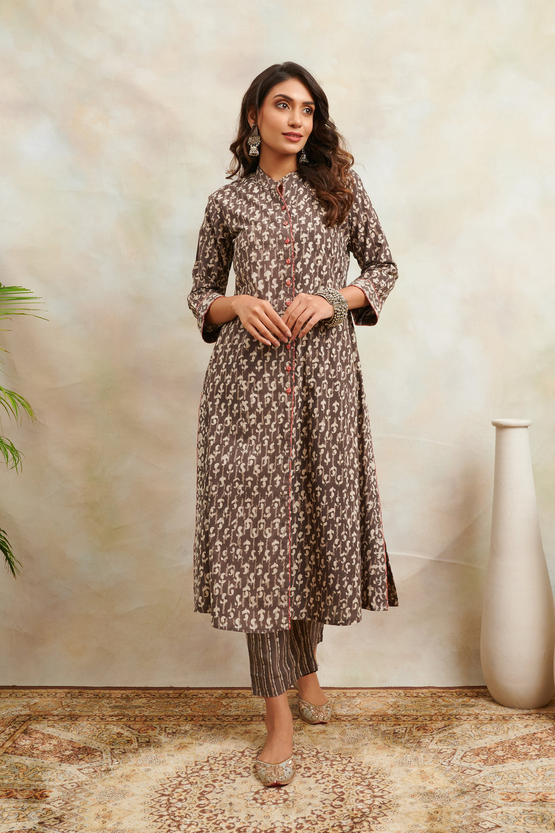 Brown-Cotton-Hand-Block-Bagru-Print-A-Line-Front-Open-Kurta