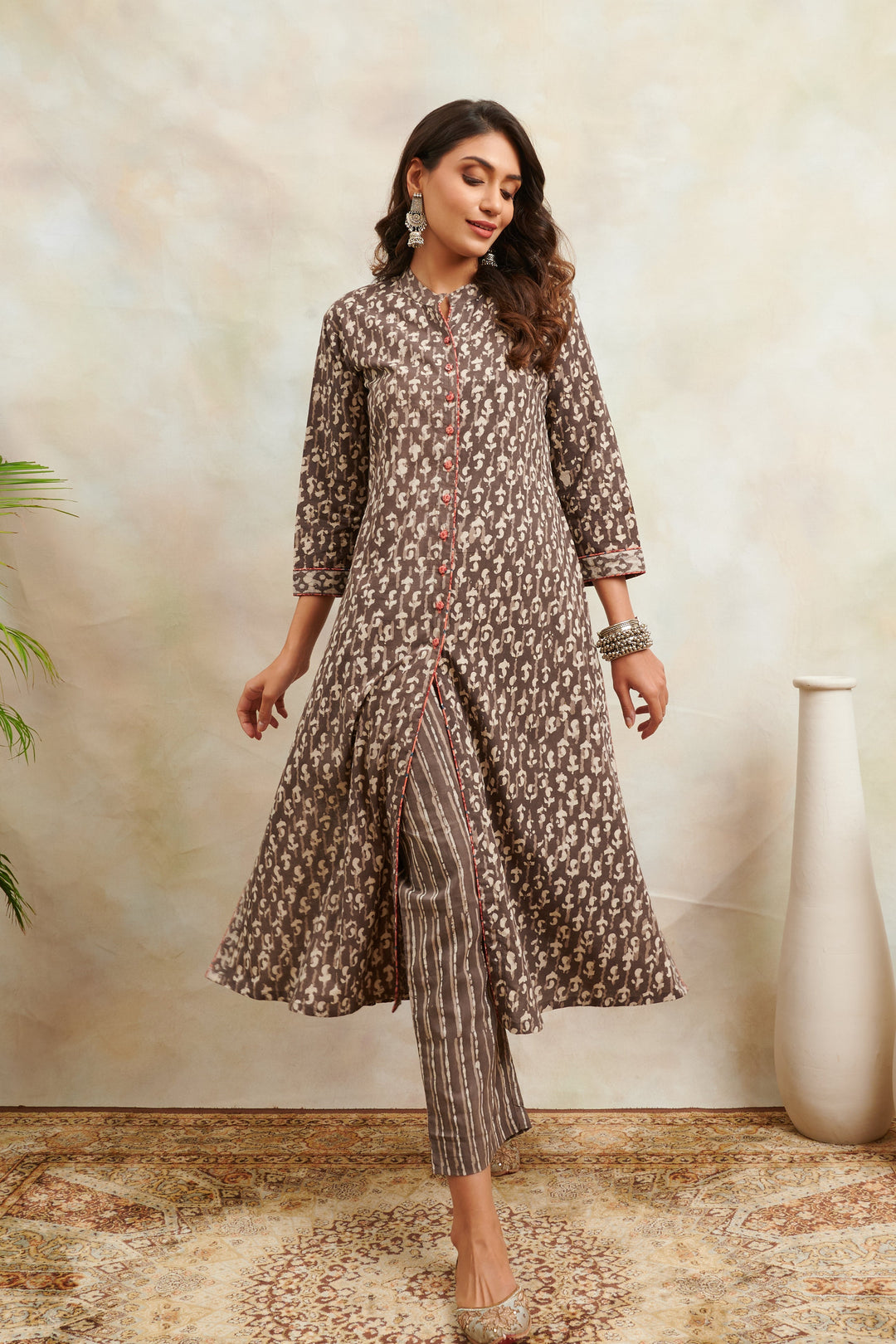 Brown-Cotton-Hand-Block-Bagru-Print-A-Line-Front-Open-Kurta