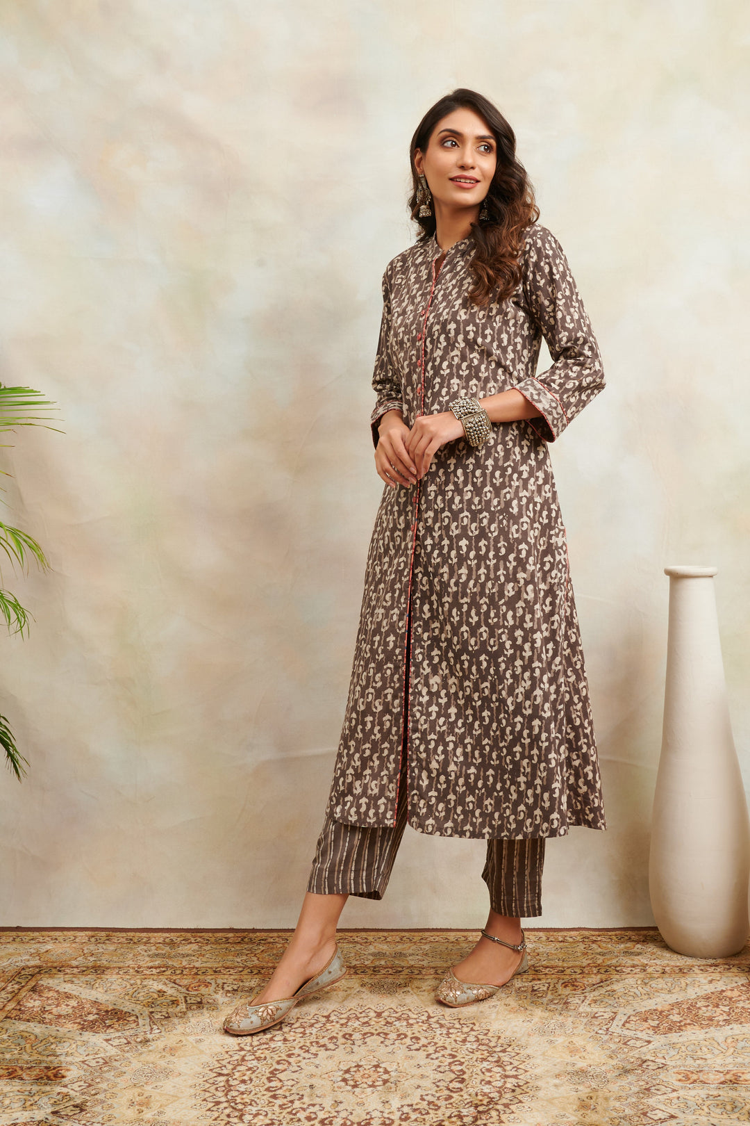 Brown-Cotton-Hand-Block-Bagru-Print-A-Line-Front-Open-Kurta