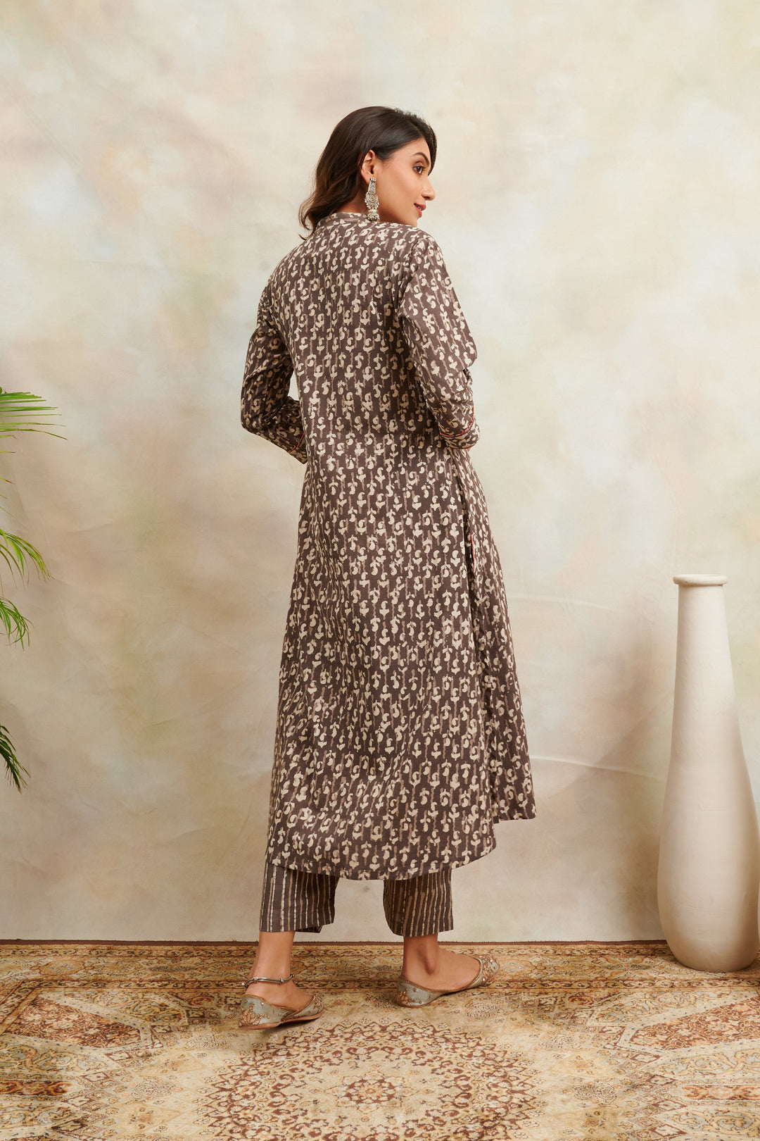 Brown-Cotton-Hand-Block-Bagru-Print-A-Line-Front-Open-Kurta