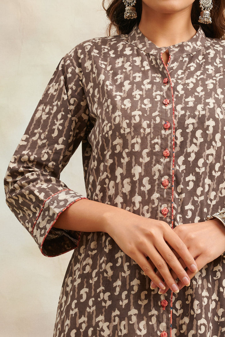 Brown-Cotton-Hand-Block-Bagru-Print-A-Line-Front-Open-Kurta