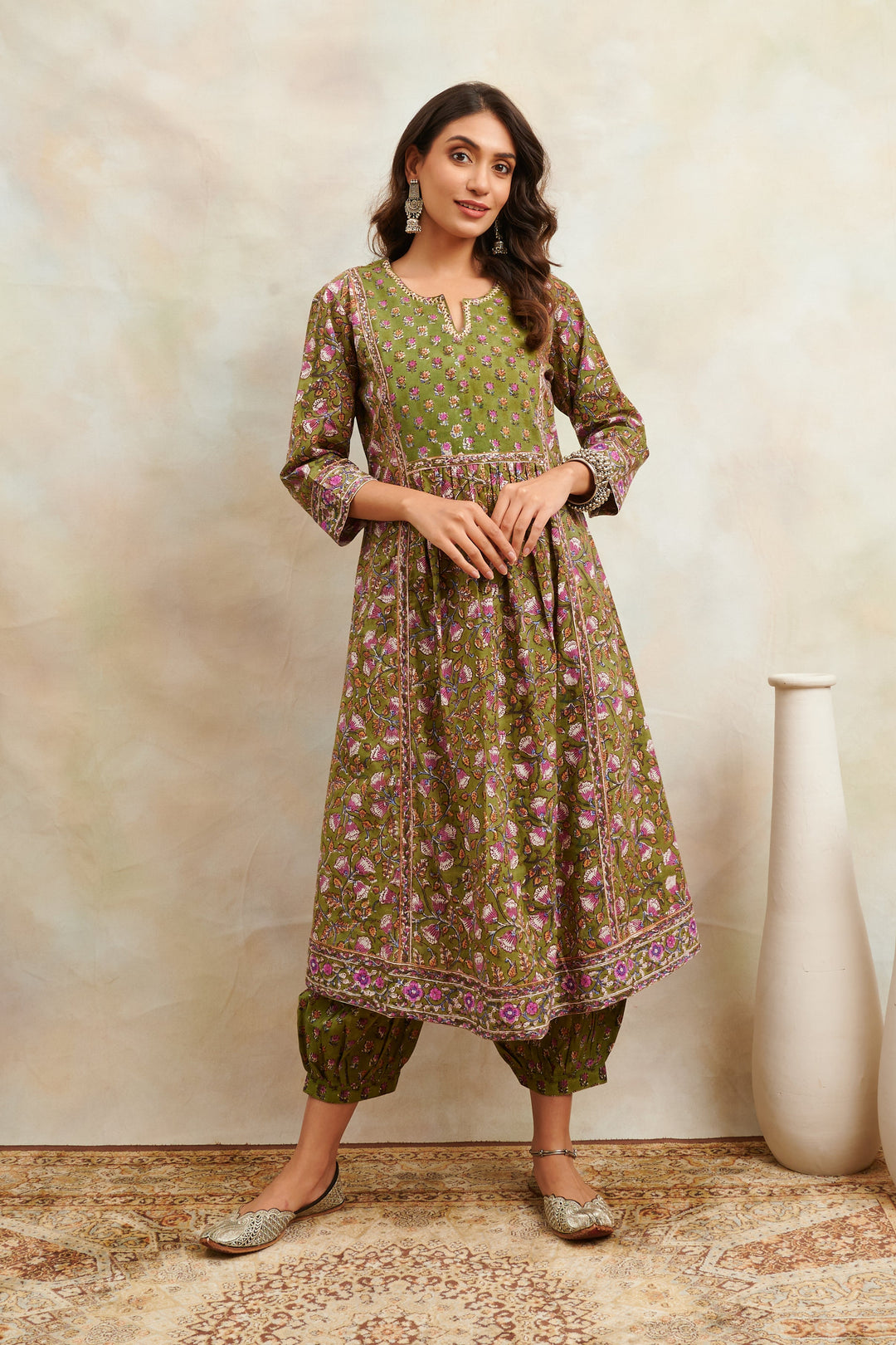 Green-Cotton-Hand-Block-Printed-Sanganeri-A-Line-Kurta