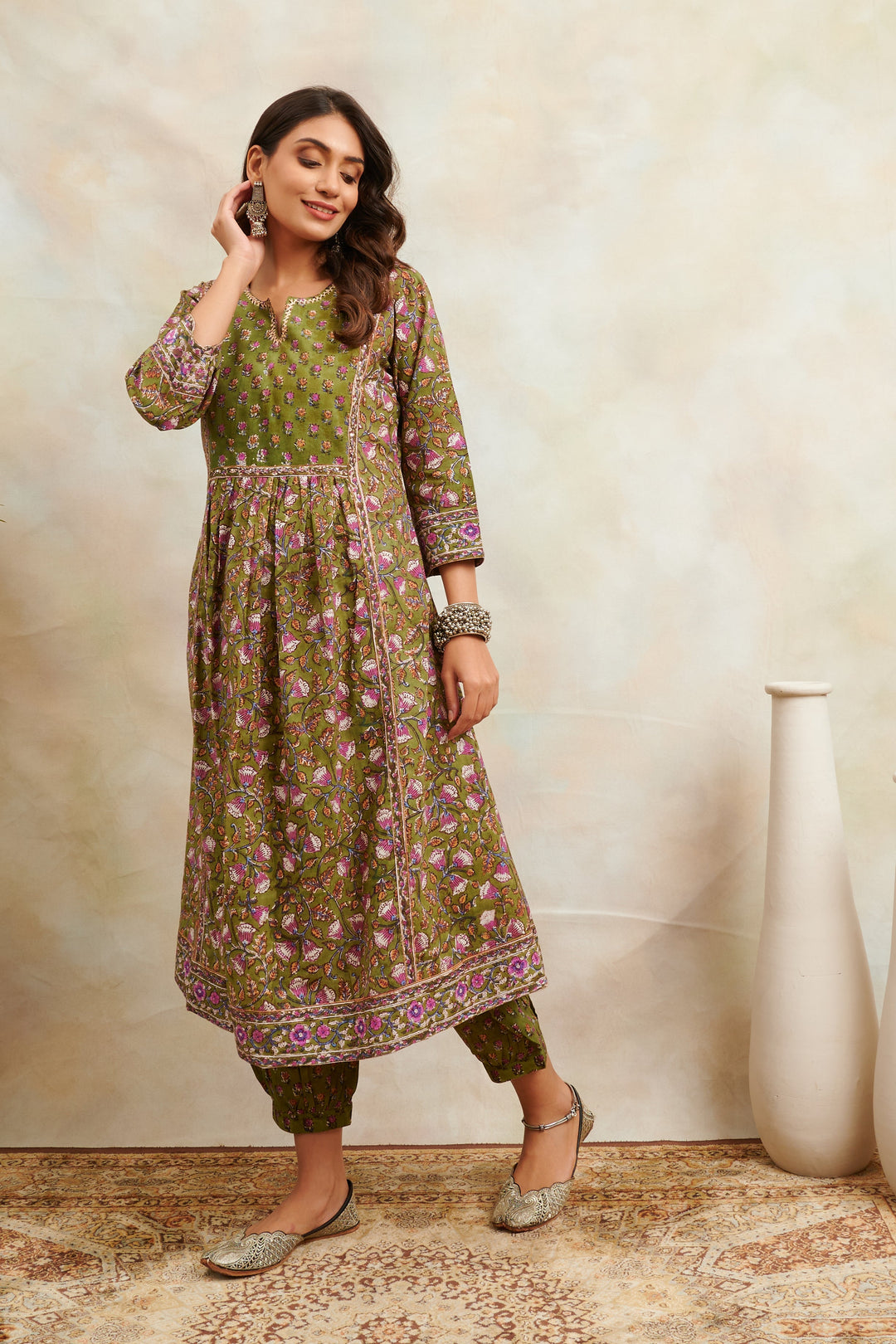 Green-Cotton-Hand-Block-Printed-Sanganeri-A-Line-Kurta