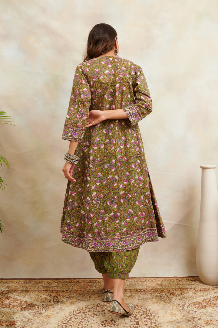 Green-Cotton-Hand-Block-Printed-Sanganeri-A-Line-Kurta