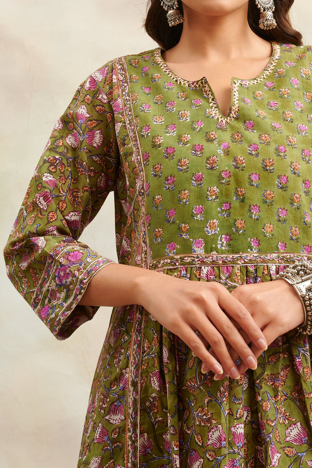 Green-Cotton-Hand-Block-Printed-Sanganeri-A-Line-Kurta