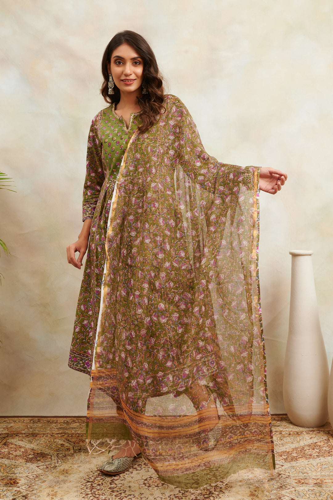 Green-Cotton-Hand-Block-Printed-Sanganeri-A-Line-Kurta