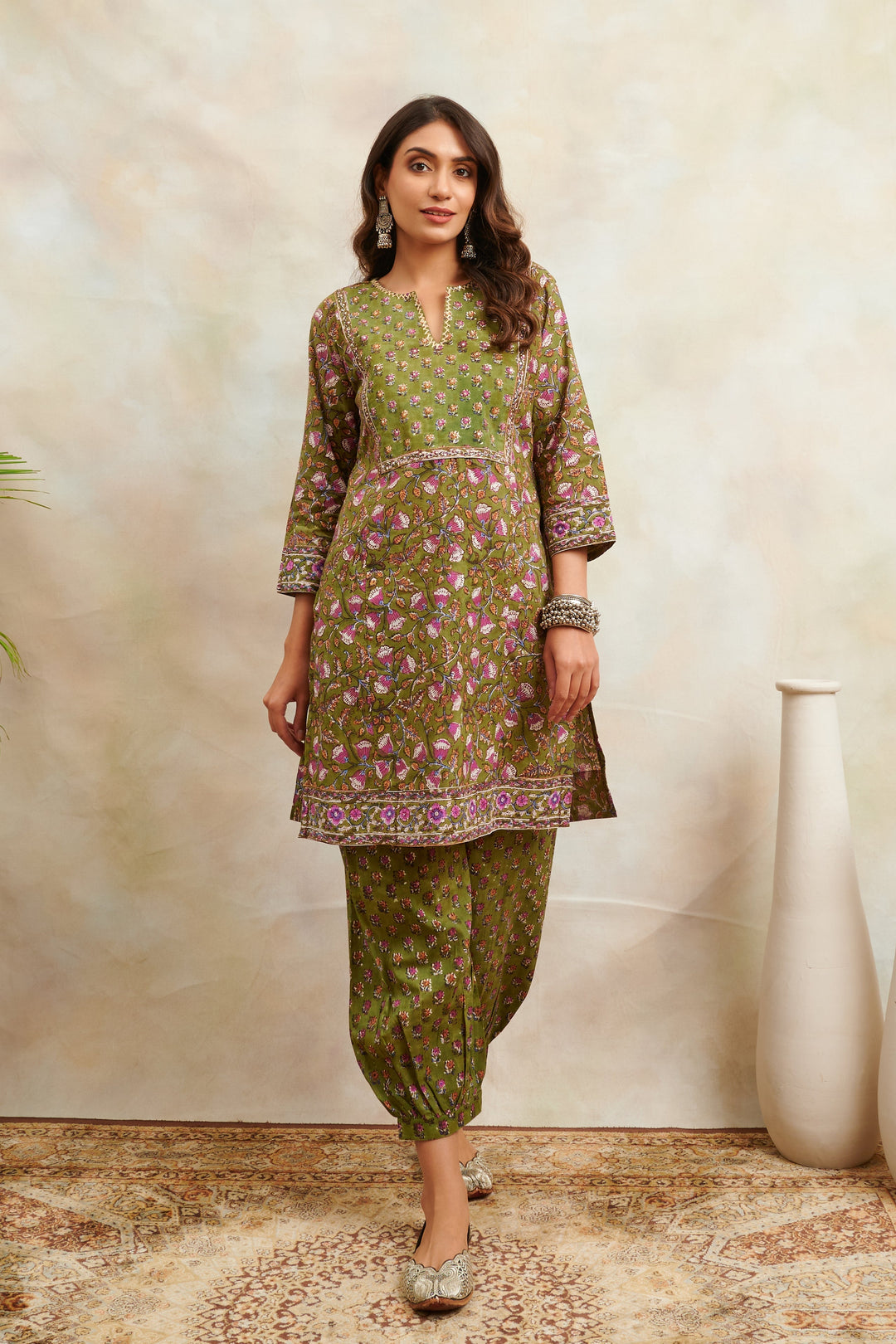 Green-Cotton-Hand-Block-Print-Sanganeri-Straight-Short-Kurta