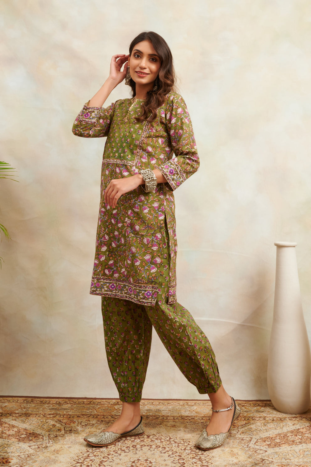 Green-Cotton-Hand-Block-Print-Sanganeri-Straight-Short-Kurta