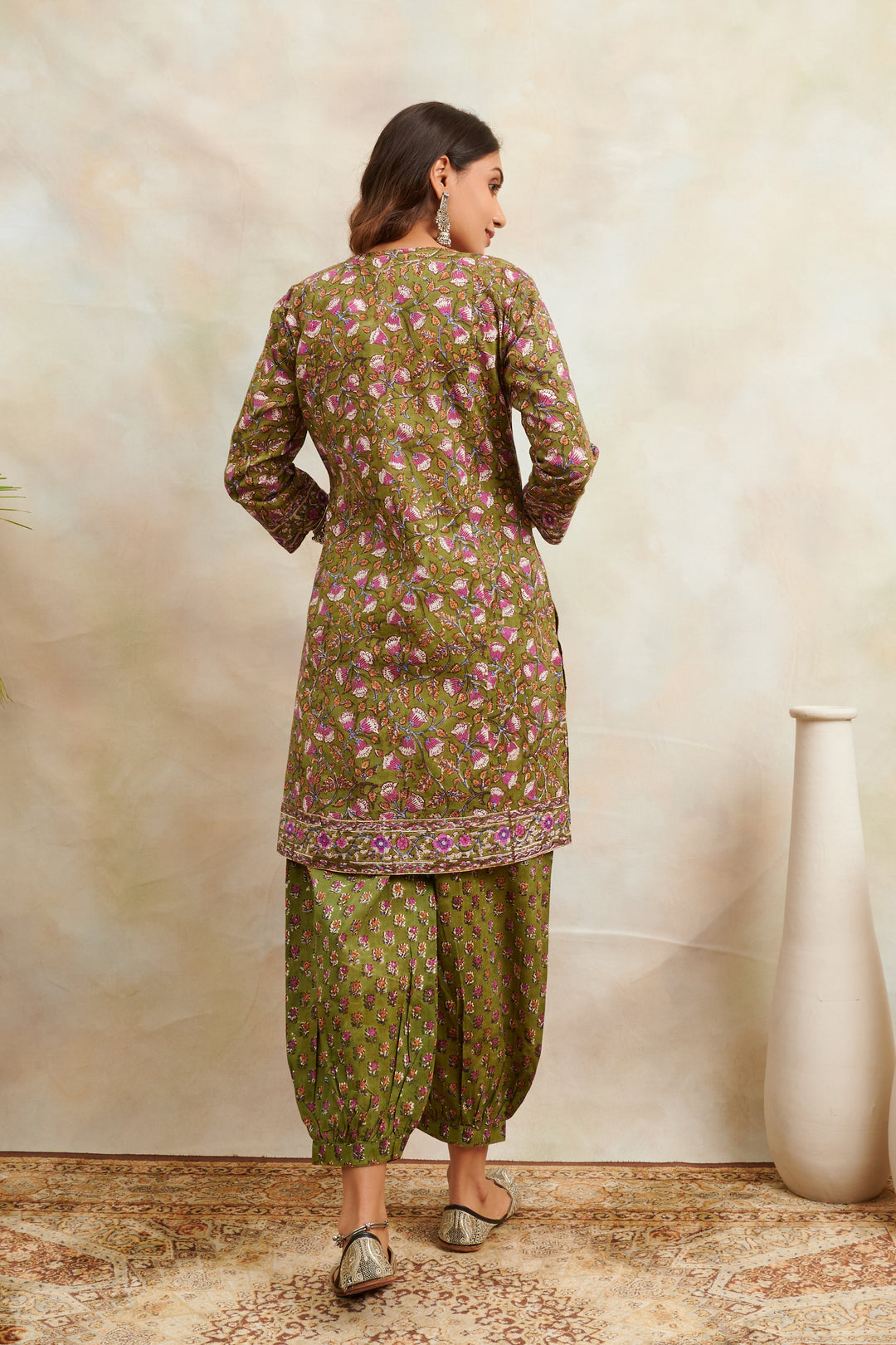 Green-Cotton-Hand-Block-Print-Sanganeri-Straight-Short-Kurta