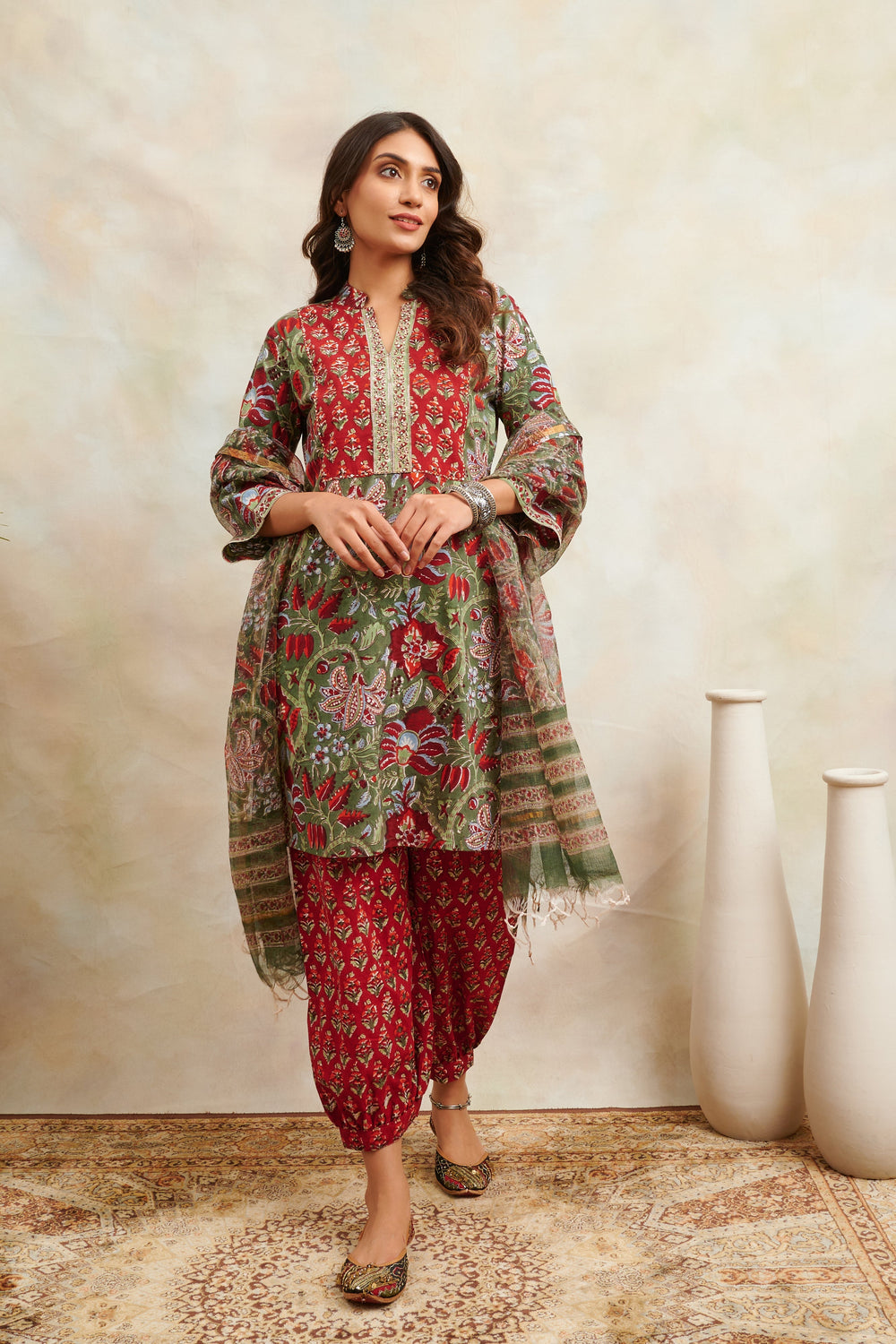 Red-Cotton-Hand-Block-Print-Sanganeri-Straight-Short-Kurta