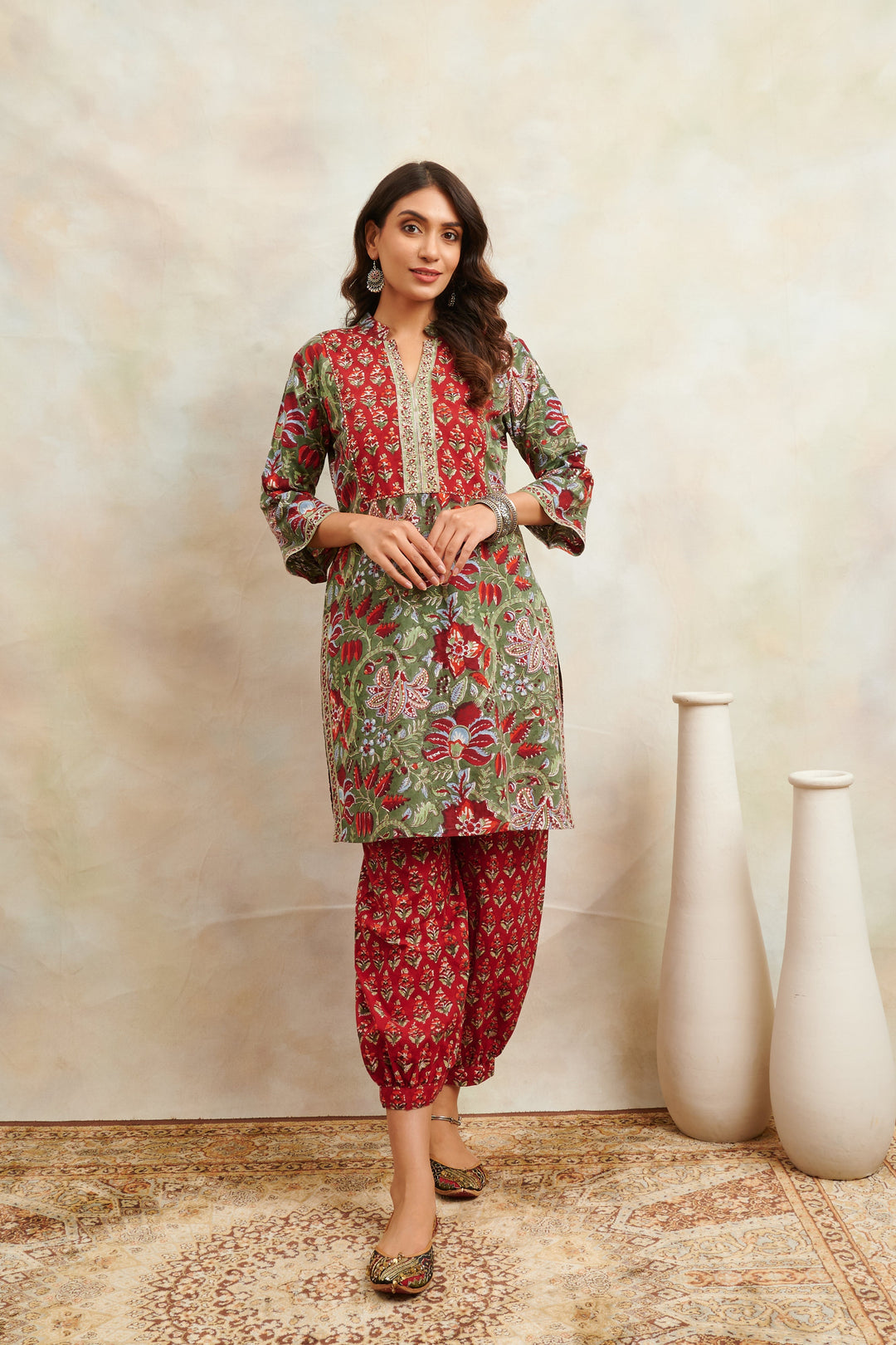 Red-Cotton-Hand-Block-Print-Sanganeri-Straight-Short-Kurta