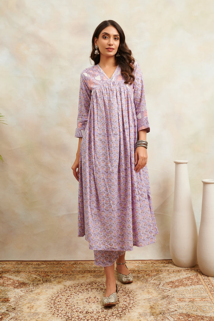 Mauve-Cotton-Hand-Block-Printed-Sanganeri-A-Line-Kurta