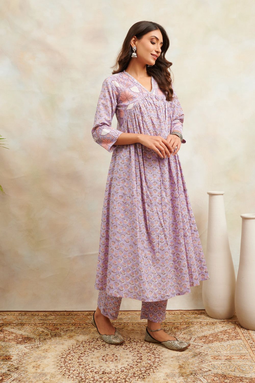 Mauve-Cotton-Hand-Block-Printed-Sanganeri-A-Line-Kurta