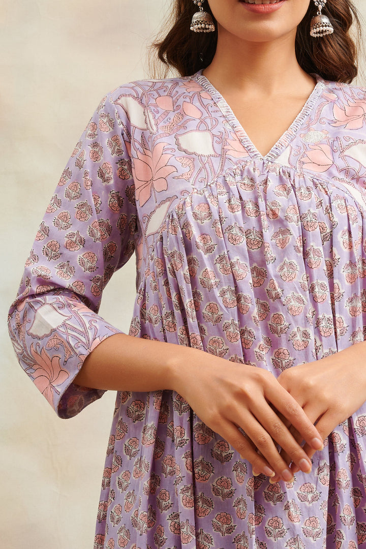 Mauve-Cotton-Hand-Block-Printed-Sanganeri-A-Line-Kurta