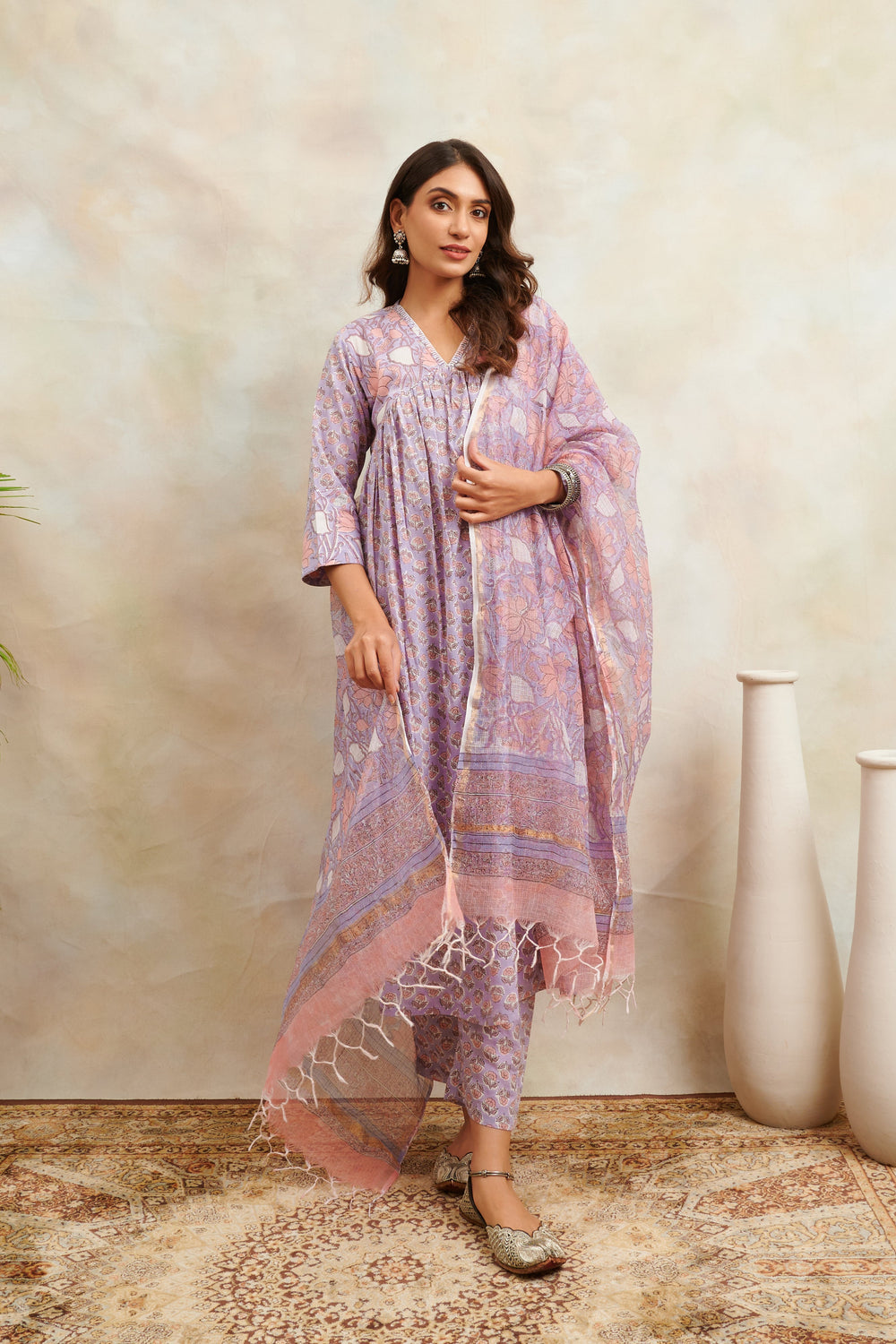 Mauve-&-Pink-Kota-Doria-Hand-Block-Printed-Dupatta