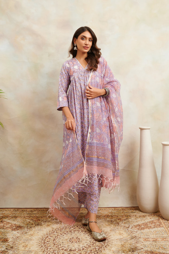 Mauve-Cotton-Hand-Block-Printed-Sanganeri-A-Line-Kurta