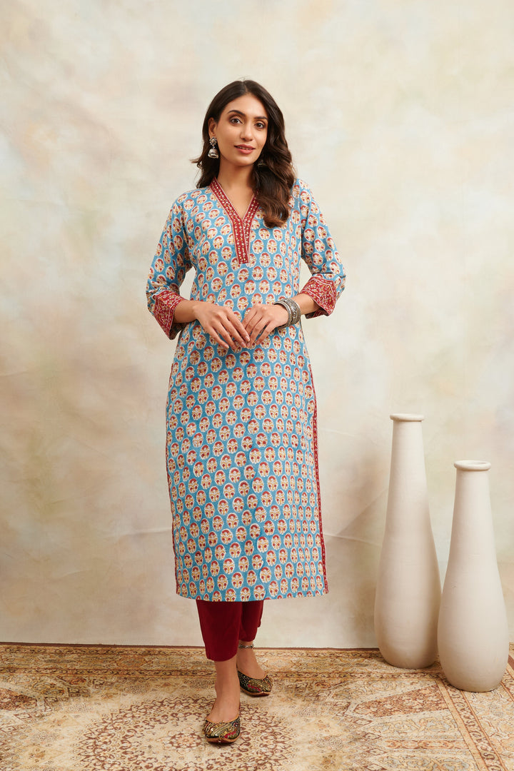 Teal-Blue-Cotton-Hand-Block-Print-Sanganeri-Straight-Kurta