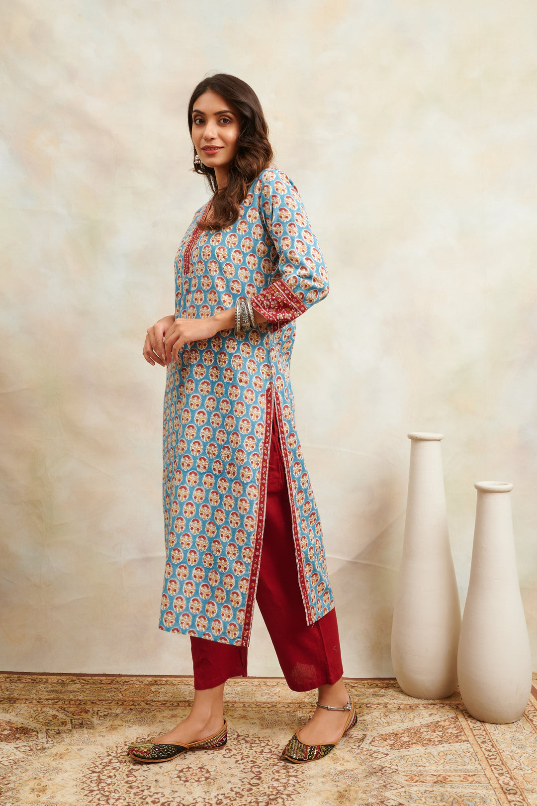 Teal-Blue-Cotton-Hand-Block-Print-Sanganeri-Straight-Kurta