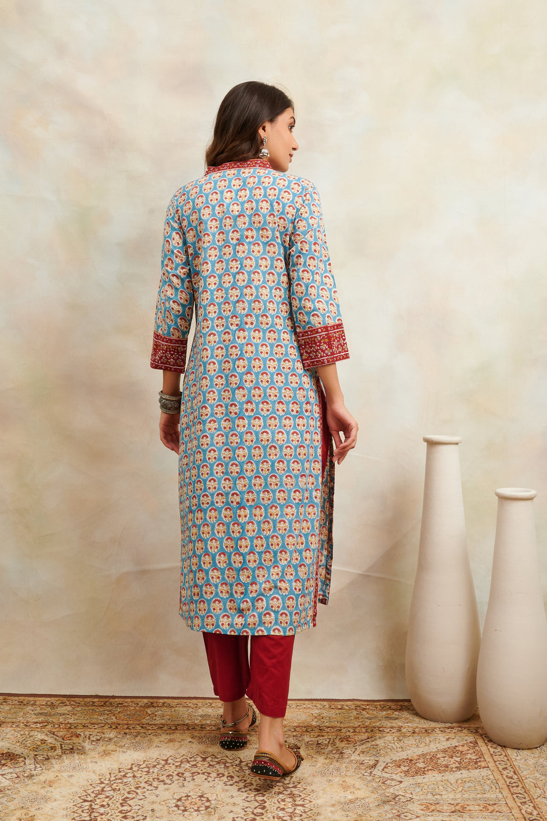 Teal-Blue-Cotton-Hand-Block-Print-Sanganeri-Straight-Kurta