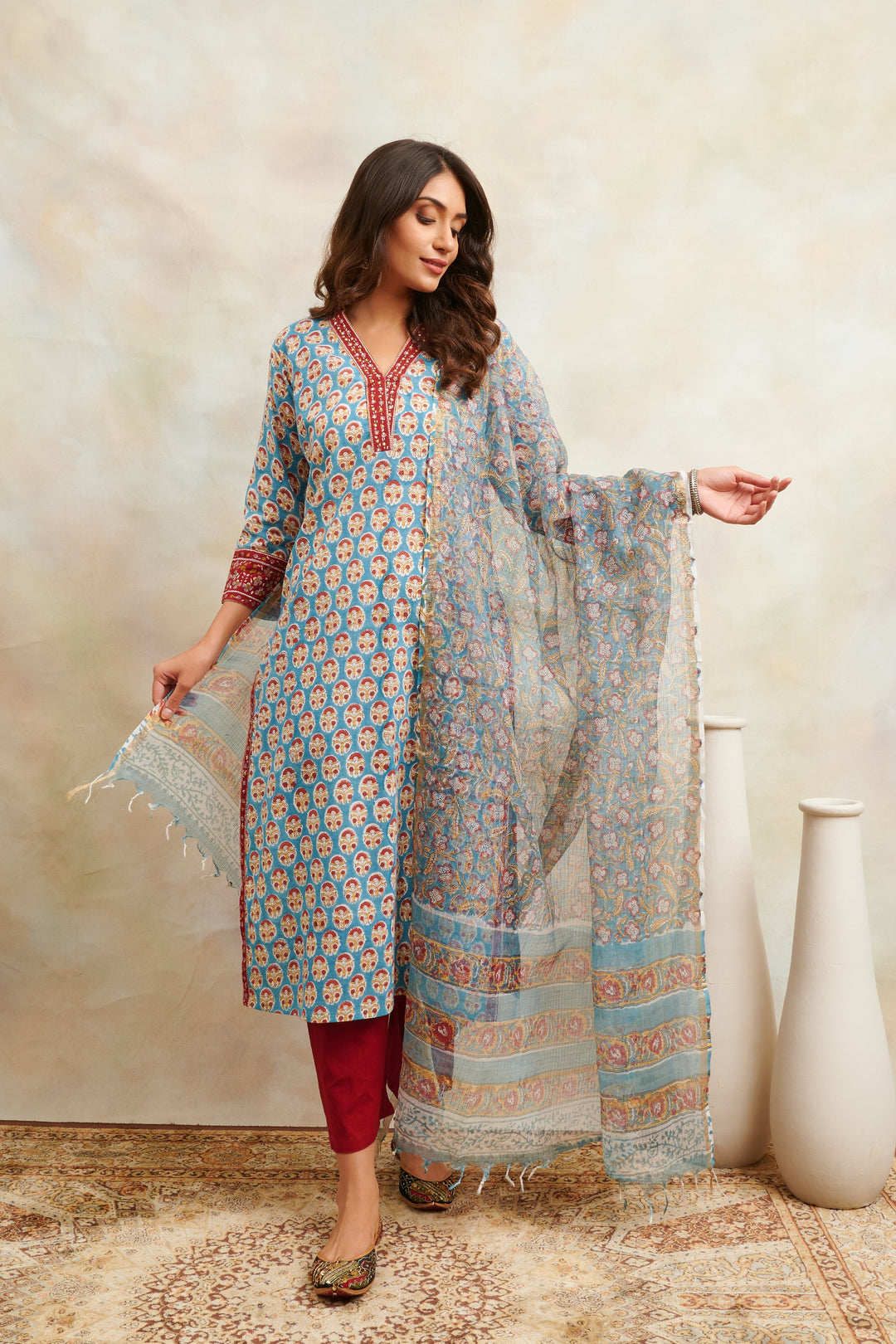 Teal-Blue-Cotton-Hand-Block-Print-Sanganeri-Straight-Kurta