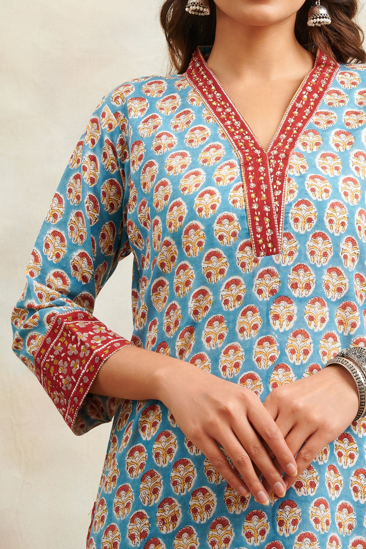 Teal-Blue-Cotton-Hand-Block-Print-Sanganeri-Straight-Kurta