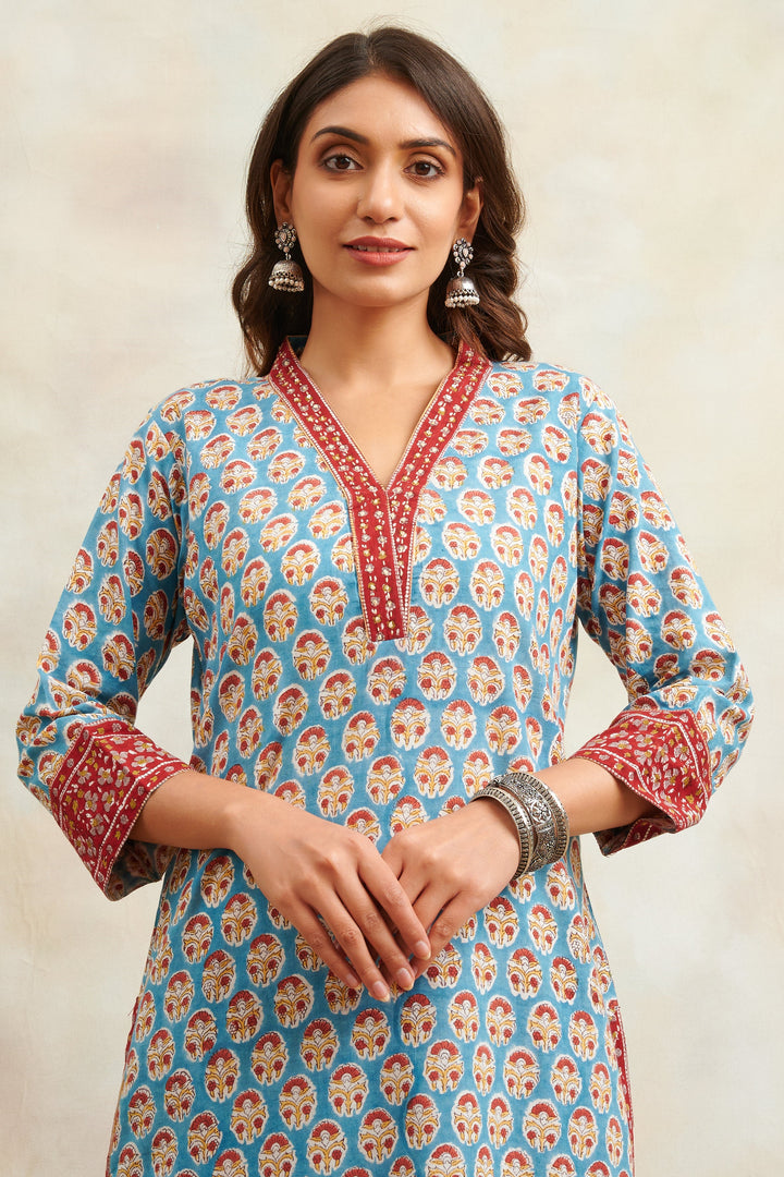 Teal-Blue-Cotton-Hand-Block-Print-Sanganeri-Straight-Kurta