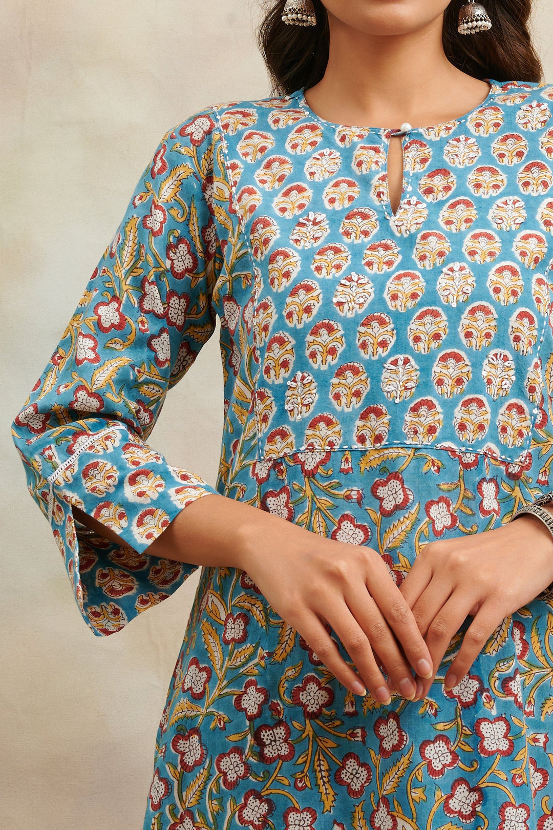 Teal-Blue-Cotton-Hand-Block-Printed-Sanganeri-Kurta