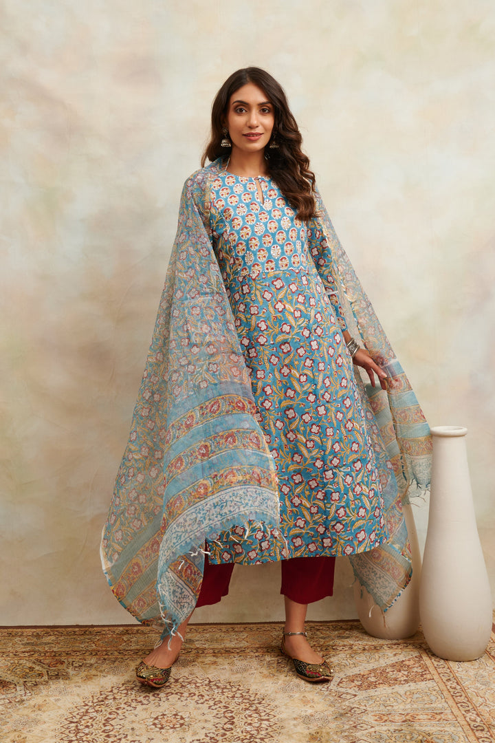 Teal-Blue-Cotton-Hand-Block-Printed-Sanganeri-Kurta