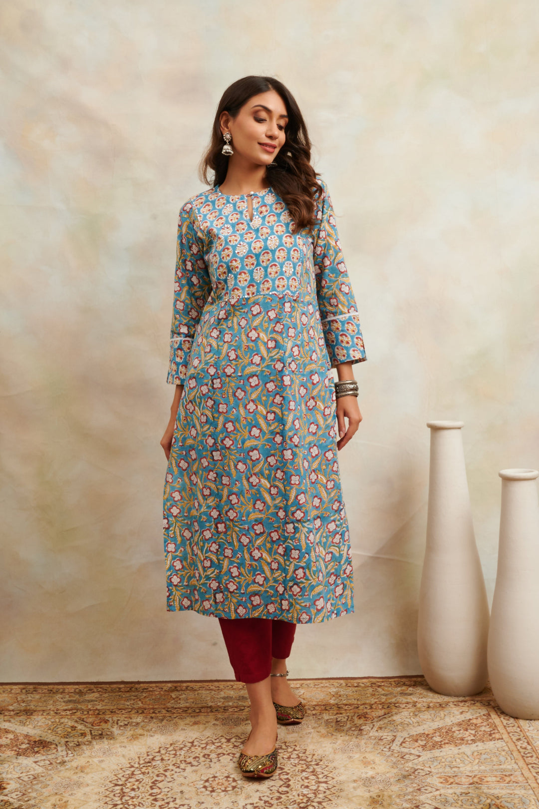 Teal-Blue-Cotton-Hand-Block-Printed-Sanganeri-Kurta