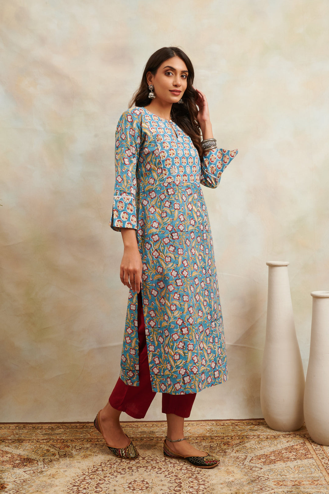 Teal-Blue-Cotton-Hand-Block-Printed-Sanganeri-Kurta