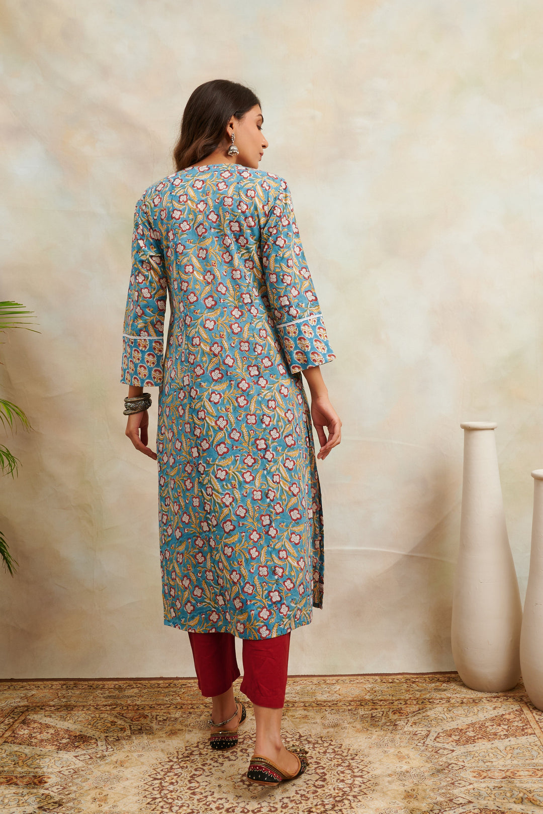 Teal-Blue-Cotton-Hand-Block-Printed-Sanganeri-Kurta