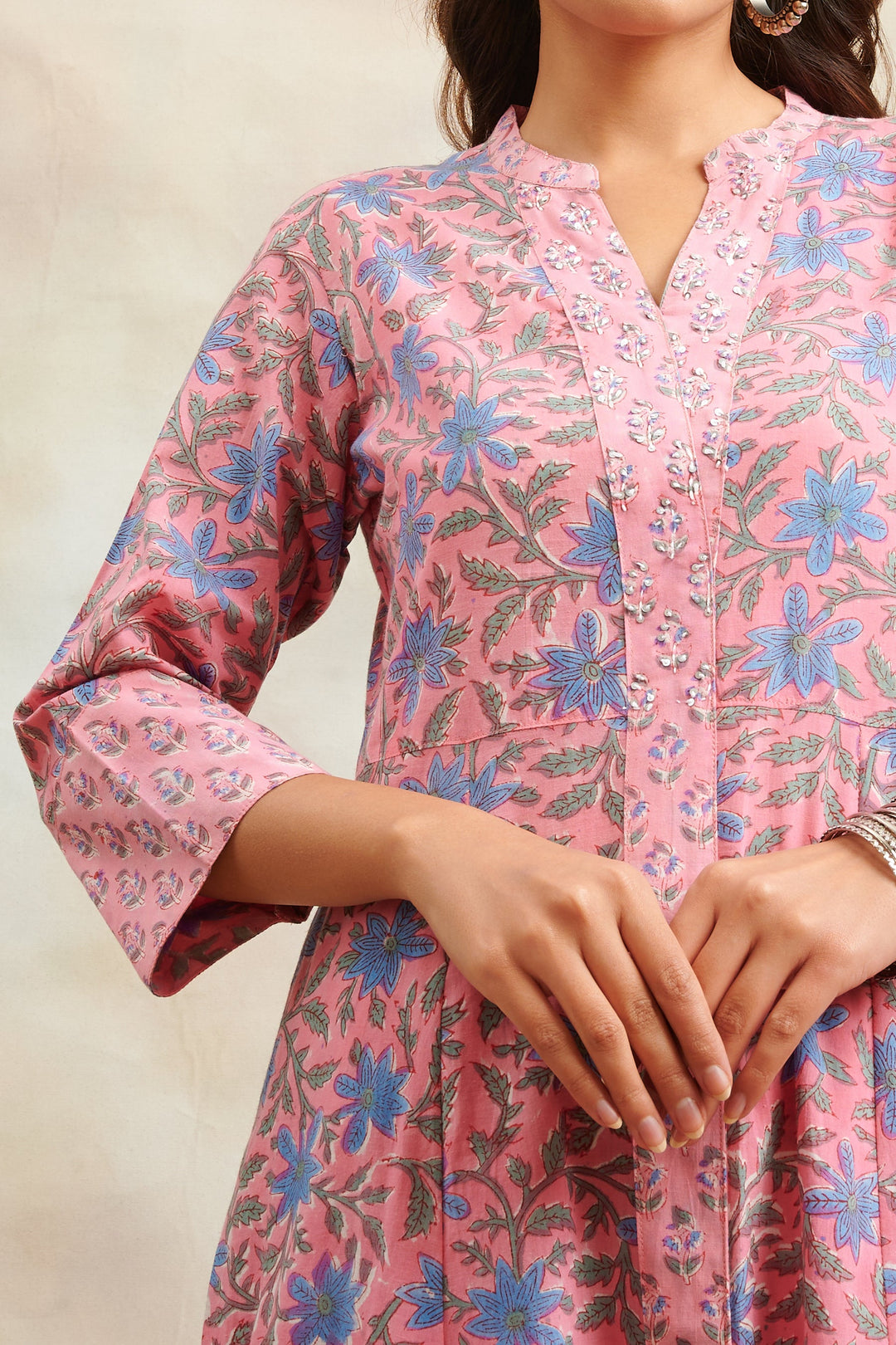 Pink-Cotton-Hand-Block-Printed-Sanganeri-A-Line-Kurta