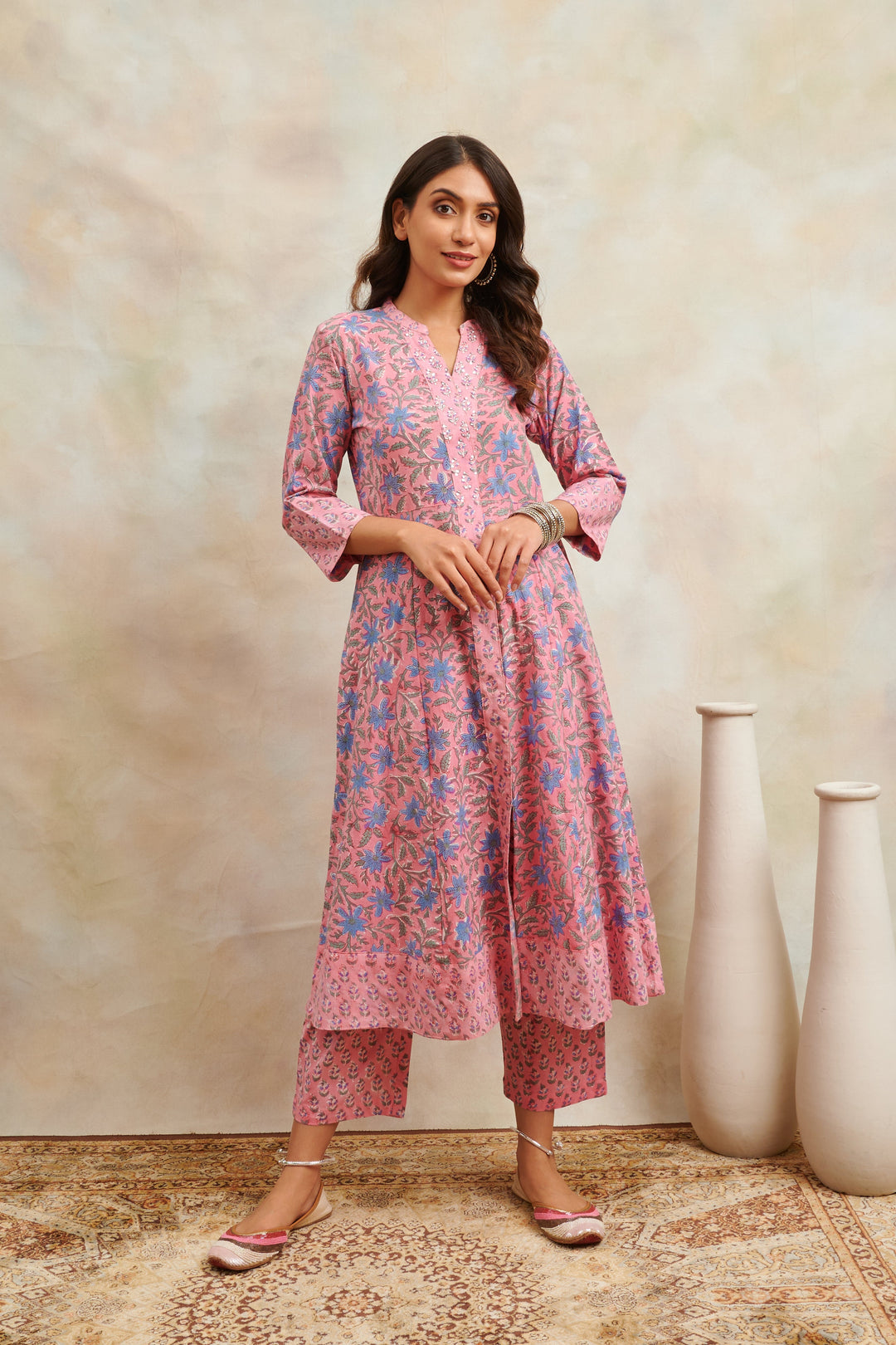 Pink-Cotton-Hand-Block-Printed-Sanganeri-A-Line-Kurta