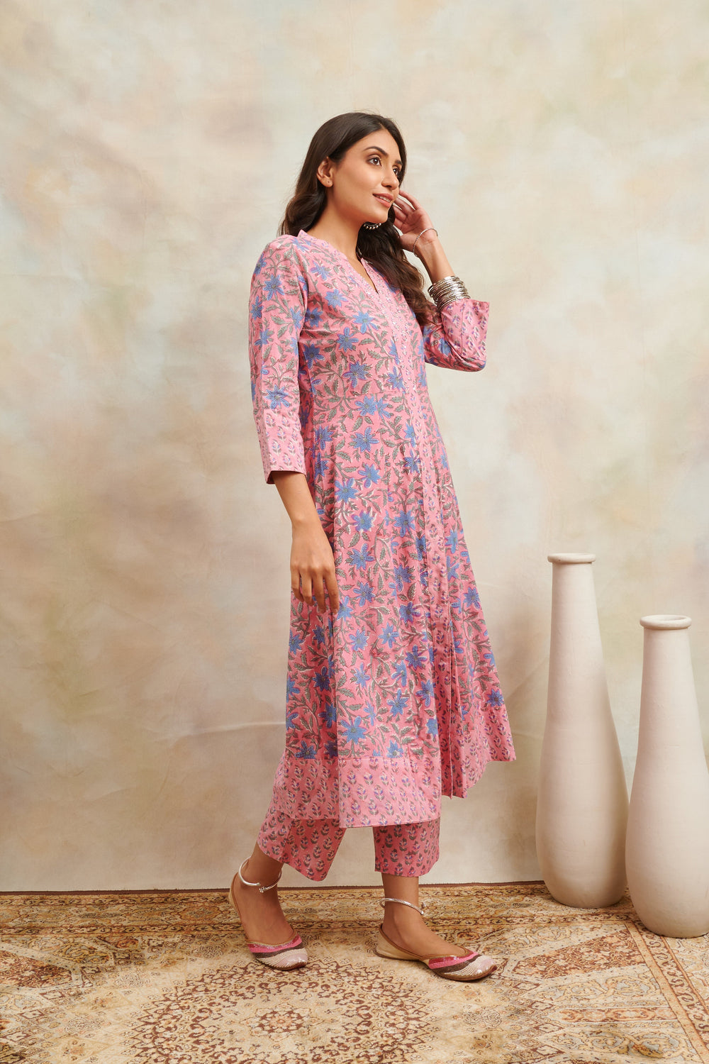 Pink-Cotton-Hand-Block-Printed-Sanganeri-A-Line-Kurta