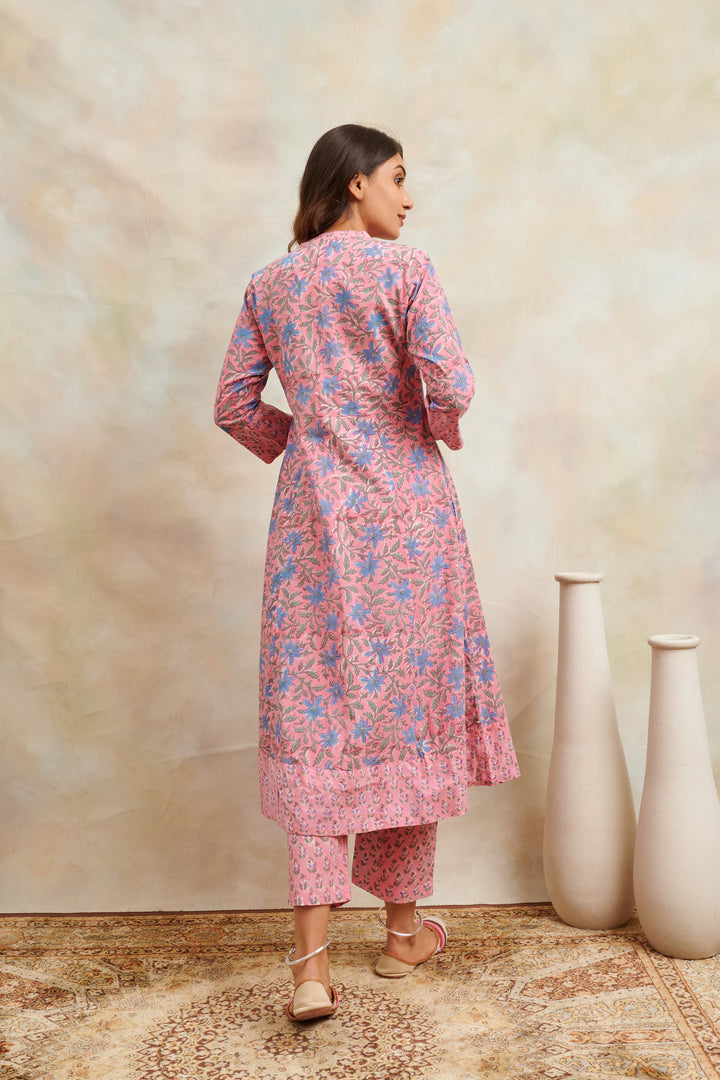 Pink-Cotton-Hand-Block-Printed-Sanganeri-A-Line-Kurta