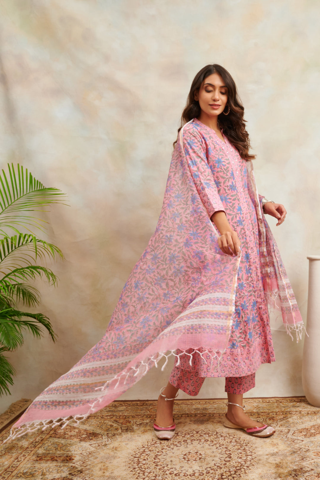 Pink-Cotton-Hand-Block-Printed-Sanganeri-A-Line-Kurta