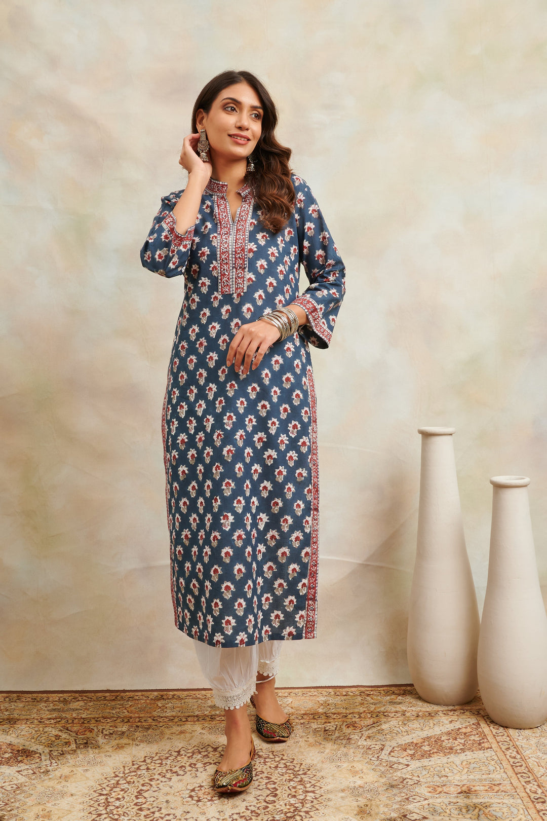 Indigo-Blue-Cotton-Hand-Block-Printed-Sanganeri-Kurta